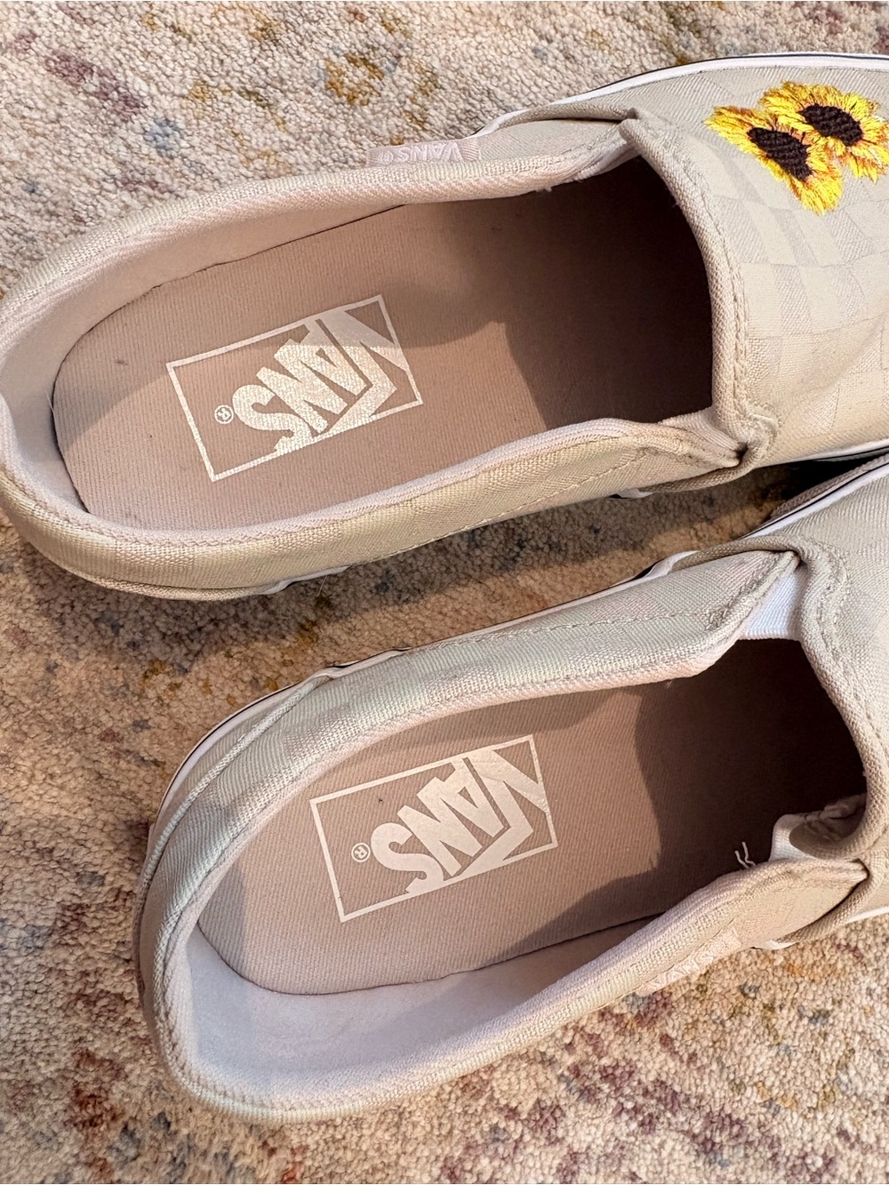 Vans Beige Checker Slip-Ons with Sunflower Embroidery - Picture 2 of 4